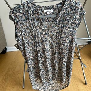 Floral V-Neck Blouse in Blue and White